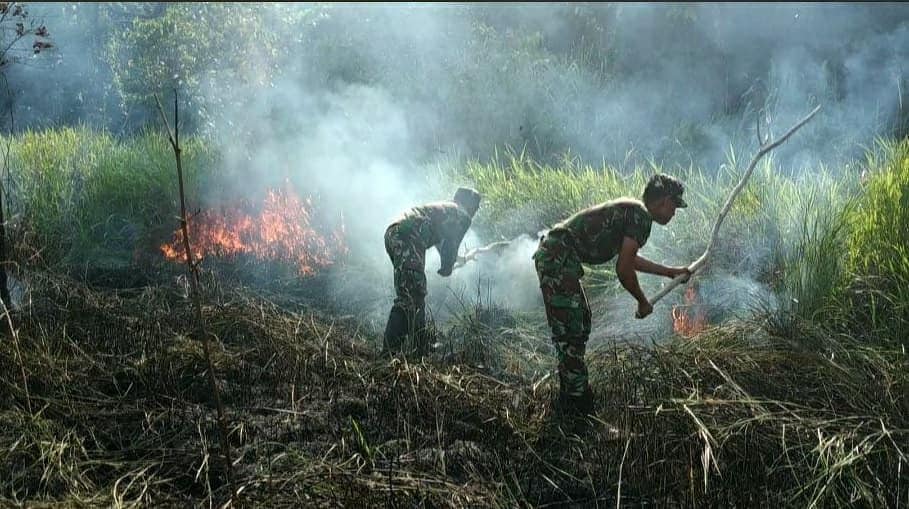 Hampir Melalap Sekolah, Kebakaran Lahan Kebun di Padamkan Satgas Yonif 713