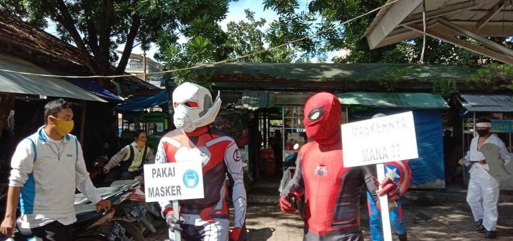 Spiderman, Wiro Sableng dan Superhero Bantu Kodim OKI Cegah Penyebaran COVID-19 di Kayu Agung