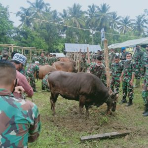 Personel TNI Bagikan Hewan Kurban Kasad kepada Pengungsi Luwu Utara