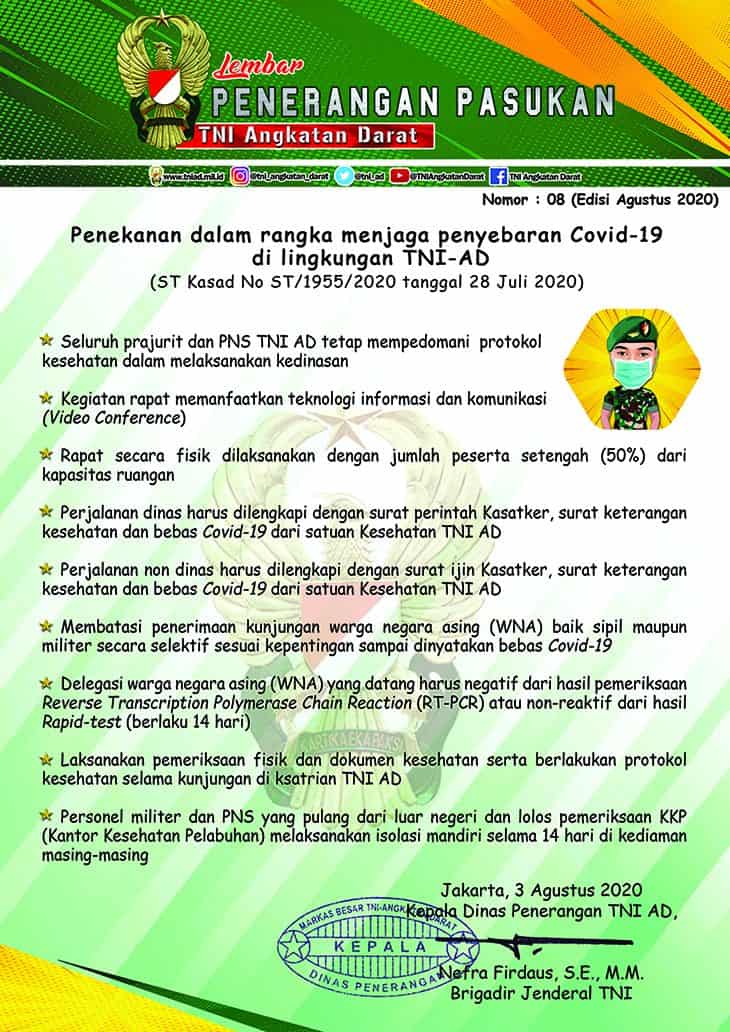 Penekanan dalam Rangka Menjaga Penyebaran Covid-19 di Lingkungan TNI-AD