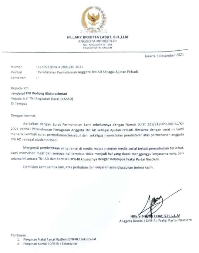Hillary Brigitta Lasut Batalkan Surat Permohonan Penugasan Anggota TNI AD Sebagai Ajudan Pribadi