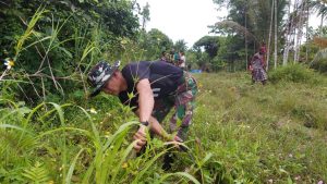 Wujudkan Lingkungan Asri, Satgas Pamtas RI-PNG Yonif 711/Rks Bersihkan Jalan Desa