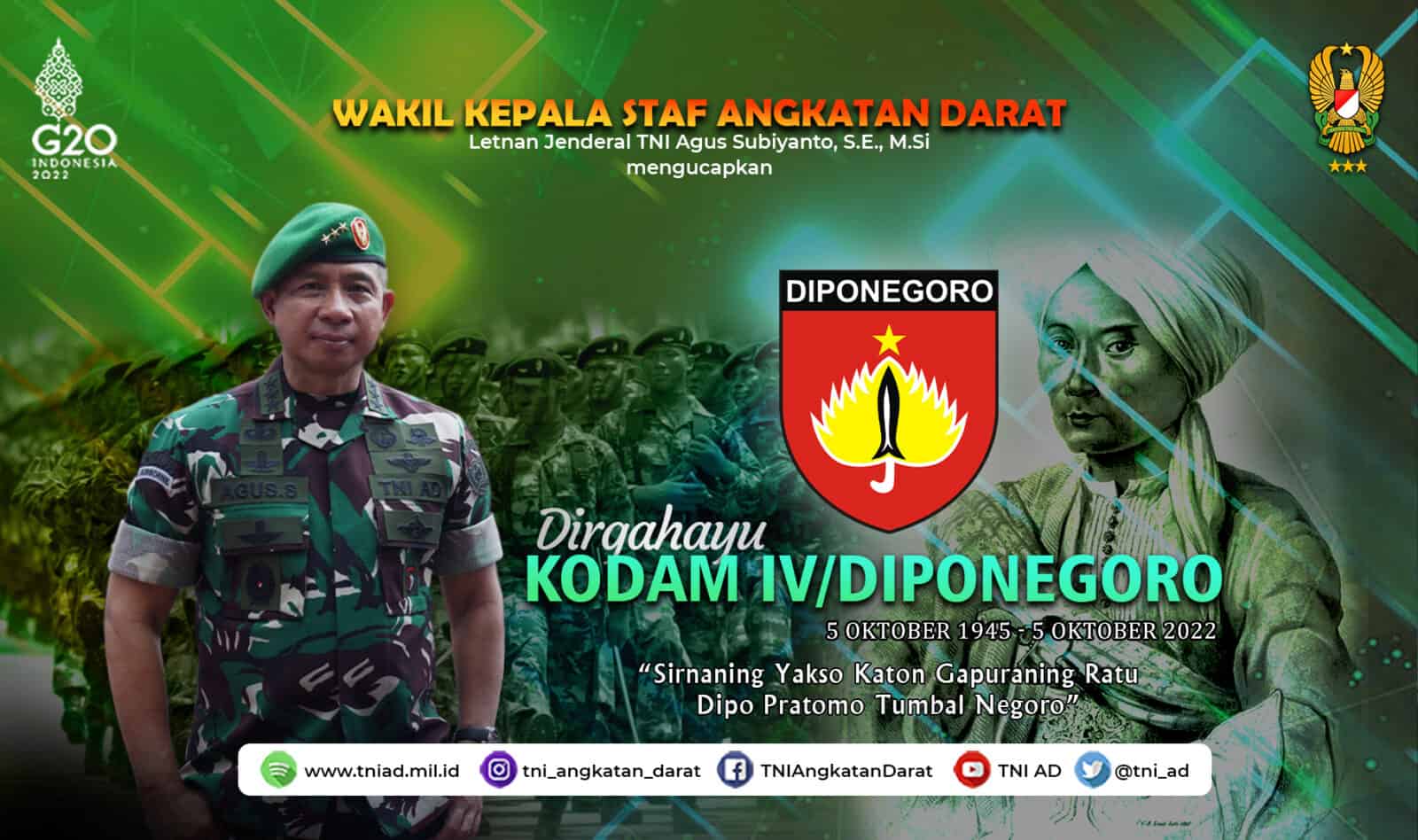 Dirgahayu Kodam IV/Diponegoro, 5 Oktober 1945 – 5 Oktober 2022 “Sirnaning Yakso Katon Gapuraning Ratu Dipo Pratomo Tumbal Negoro”