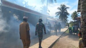 Cegah Penyebaran DBD dan Malaria, Satgas Yonif RK 136/TS Lakukan Fogging di Distrik Kokoda