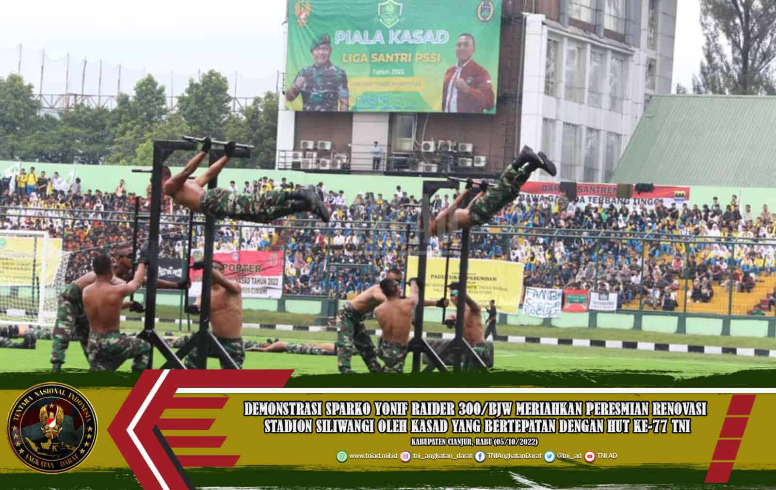 Demonstrasi Sparko Yonif Raider 300/BJW Meriahkan Peresmian Renovasi Stadion Siliwangi oleh KASAD yang Bertepatan Dengan HUT Ke-77 TNI