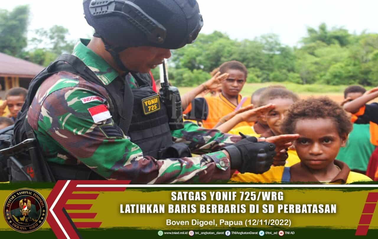 Tanamkan Disiplin, Satgas Yonif 725/Wrg Latihkan Baris Berbaris di SD Perbatasan