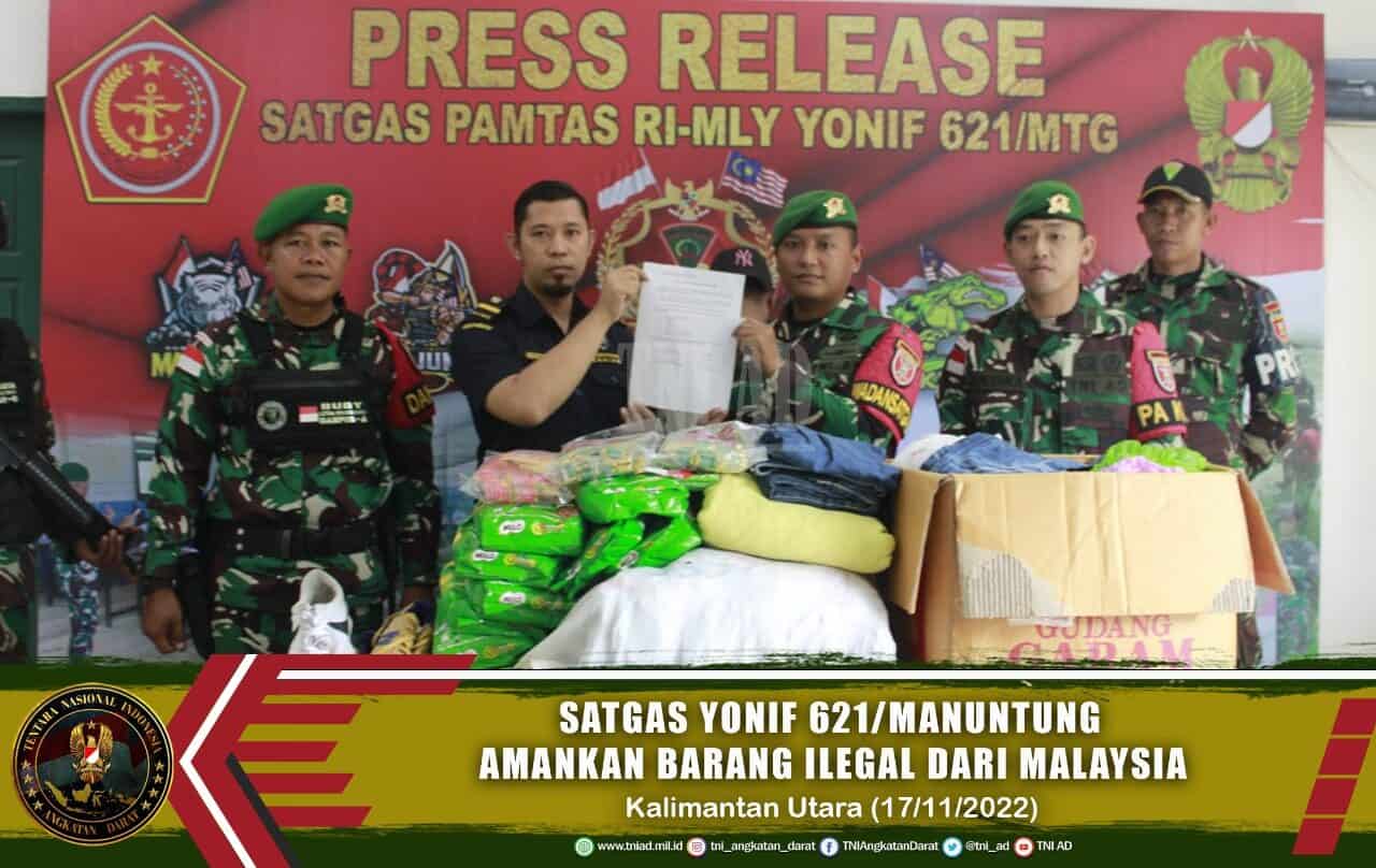 Satgas Yonif 621/Manuntung Amankan Barang Ilegal dari Malaysia