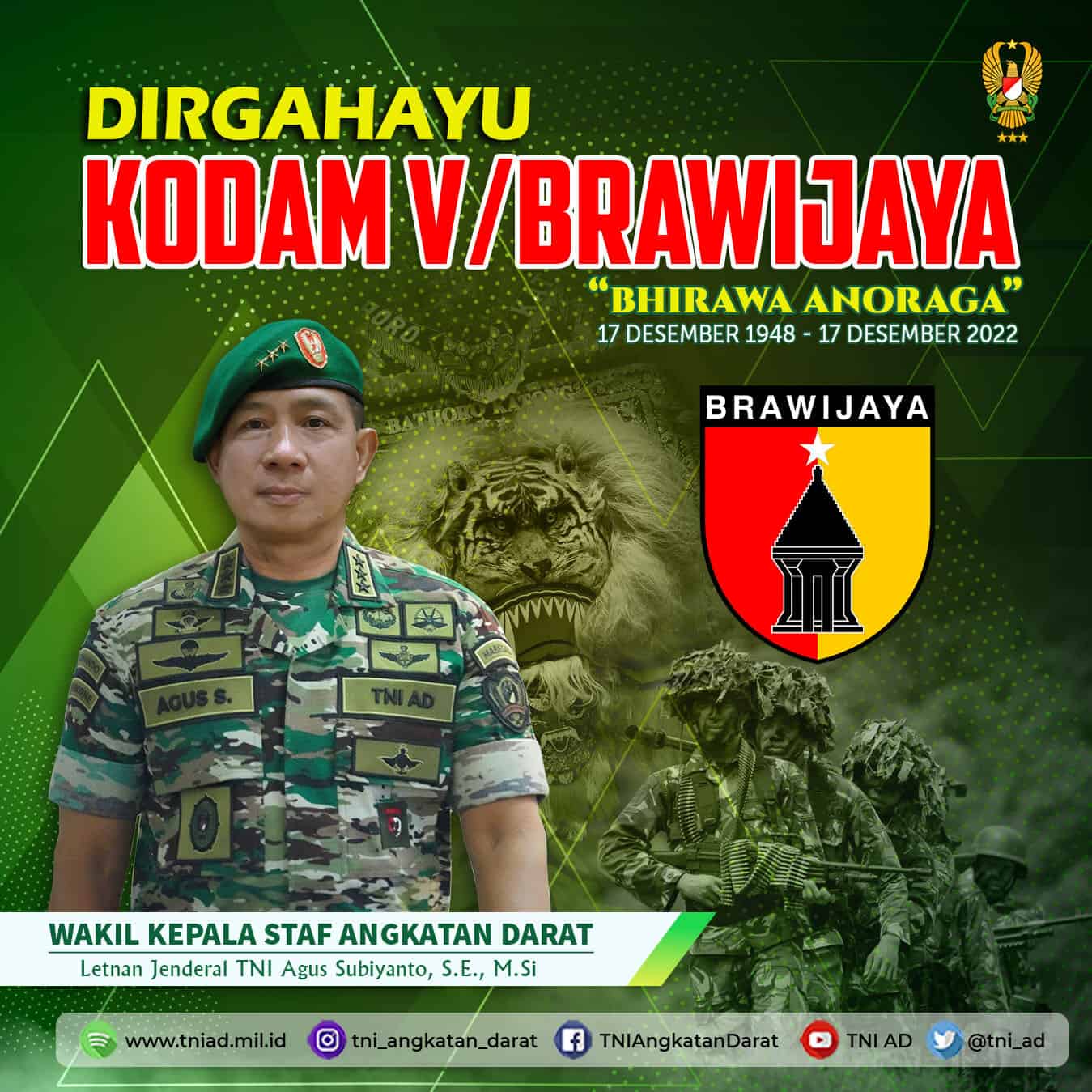 Dirgahayu Kodam V/Brawijaya, 17 Desember 1958 – 17 Desember 2022 “Bhirawa Anoraga”