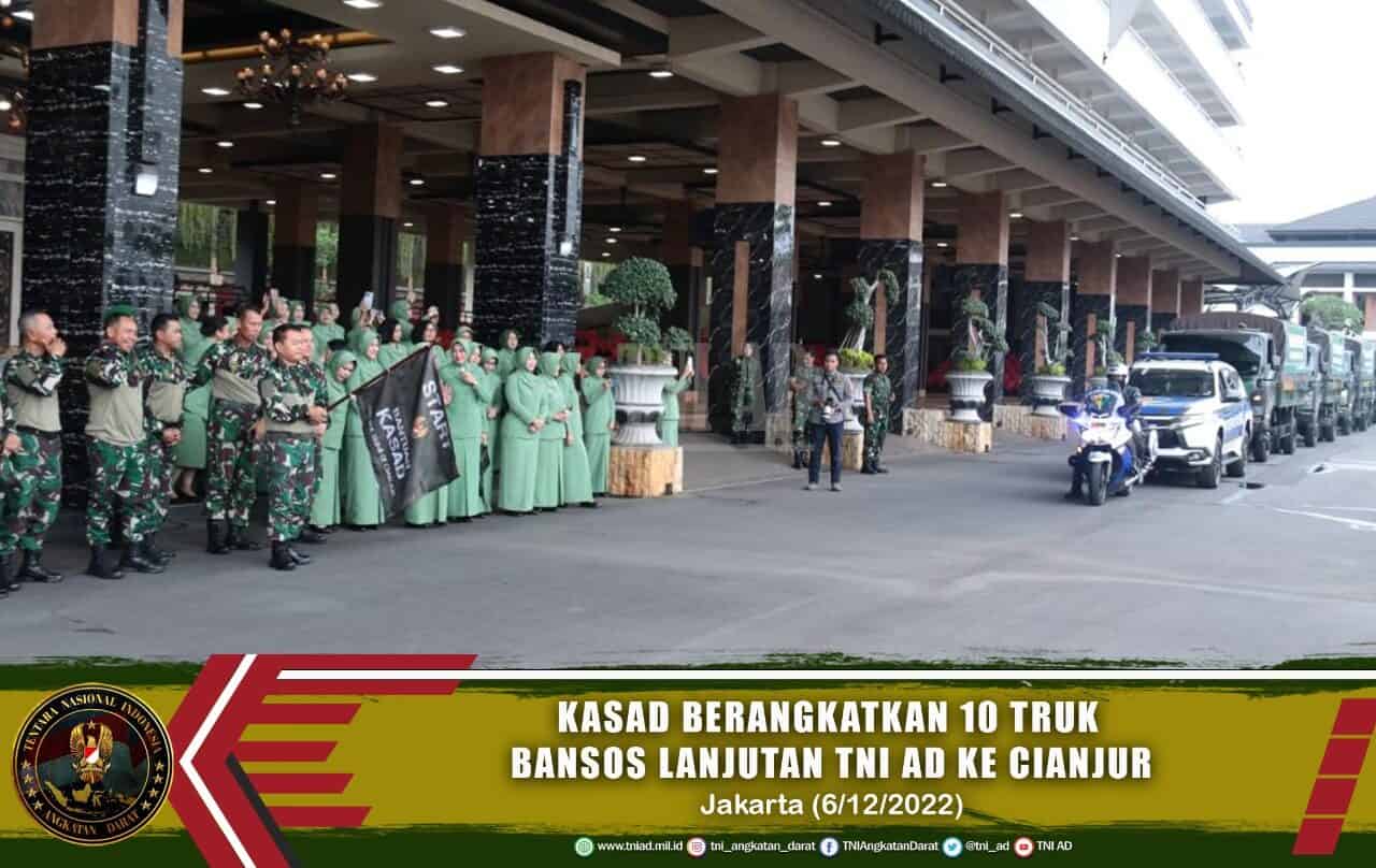 Kasad Berangkatkan 10 Truk Bansos Lanjutan TNI AD ke Cianjur