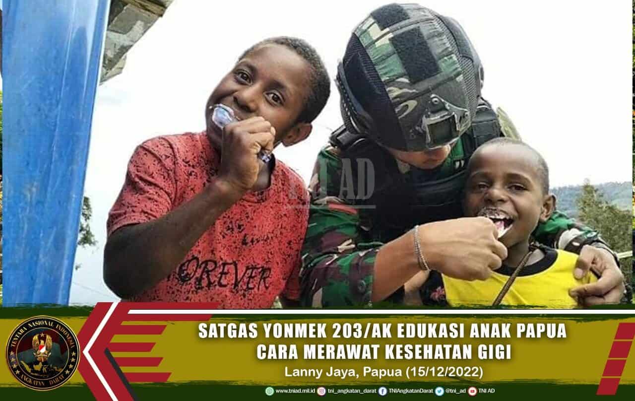 Satgas Yonmek 203/AK Edukasi Anak Papua Cara Merawat Kesehatan Gigi