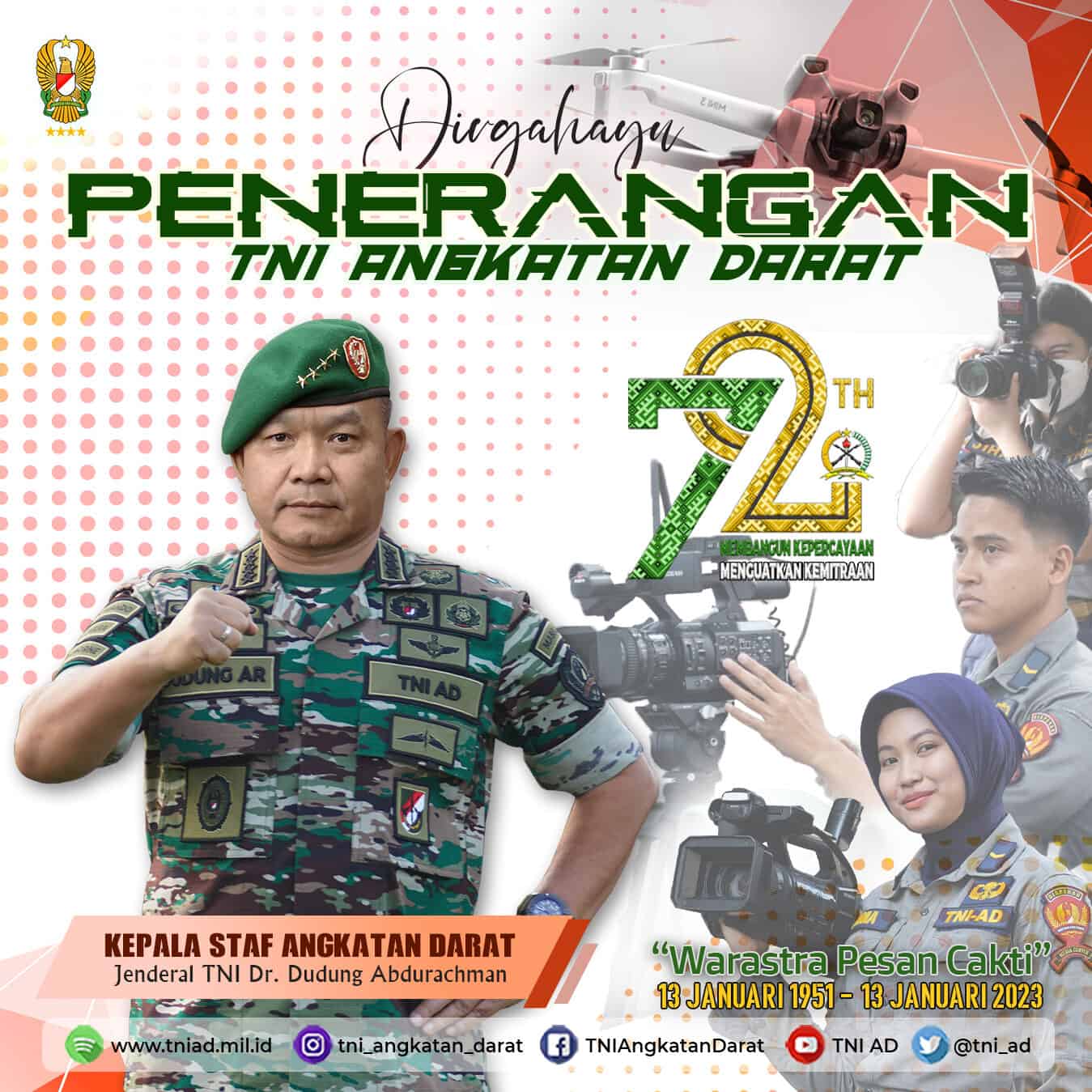 Dirgahayu Penerangan TNI Angkatan Darat Ke – 72 “Warastra Pesan Cakti” 13 Januari 1951 – 13 Januari 2023