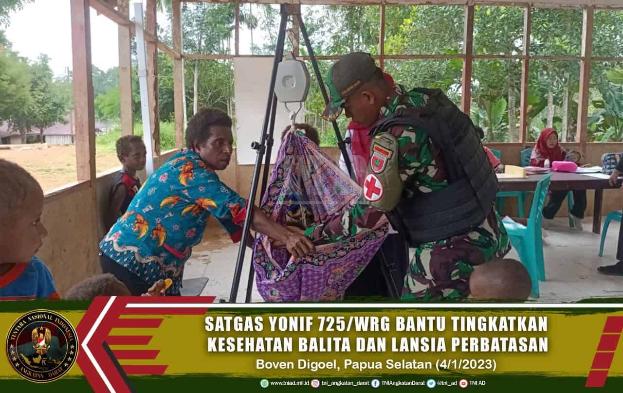 Satgas Yonif 725/Wrg Bantu Tingkatkan Kesehatan Balita dan Lansia Perbatasan