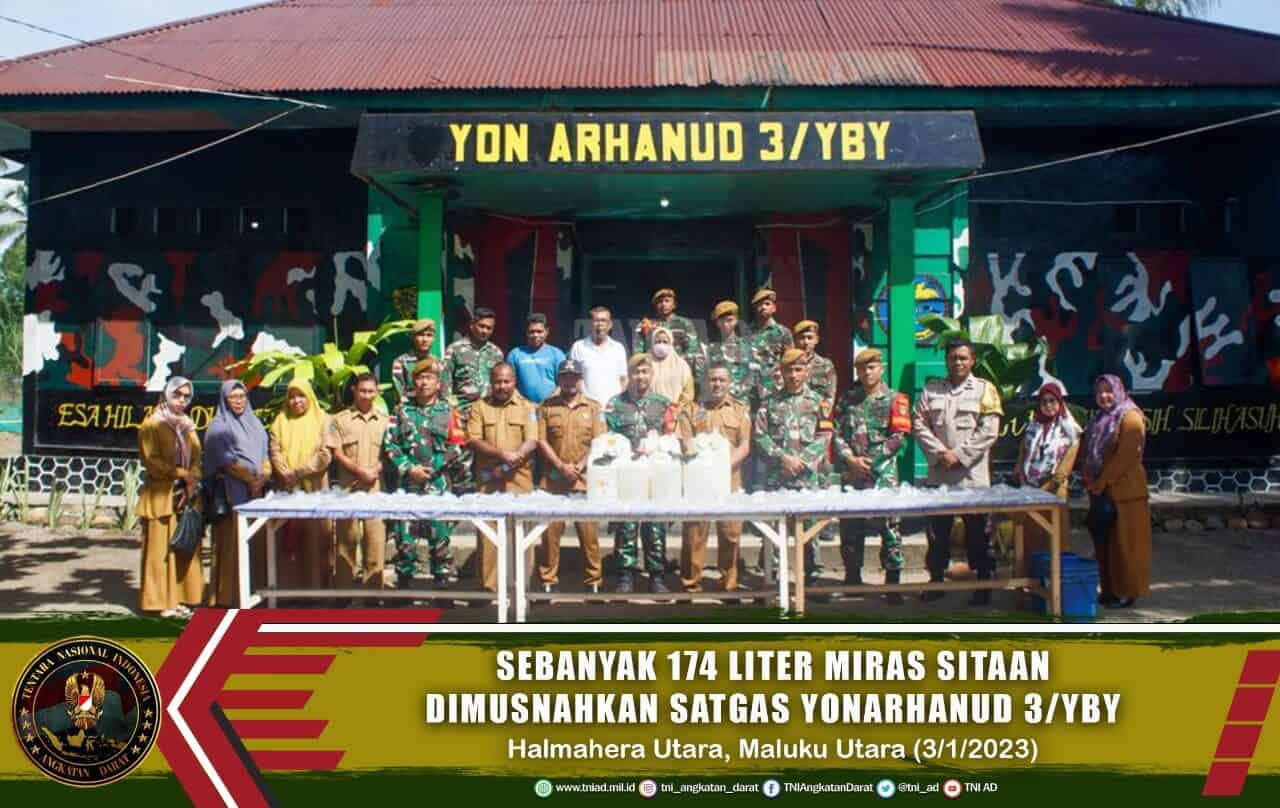 Sebanyak 174 Liter Miras Sitaan Dimusnahkan Satgas Yonarhanud 3/YBY