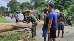Kesigapan Satgas Yonif 143/TWEJ dan Warga Bersihkan Pohon Tumbang