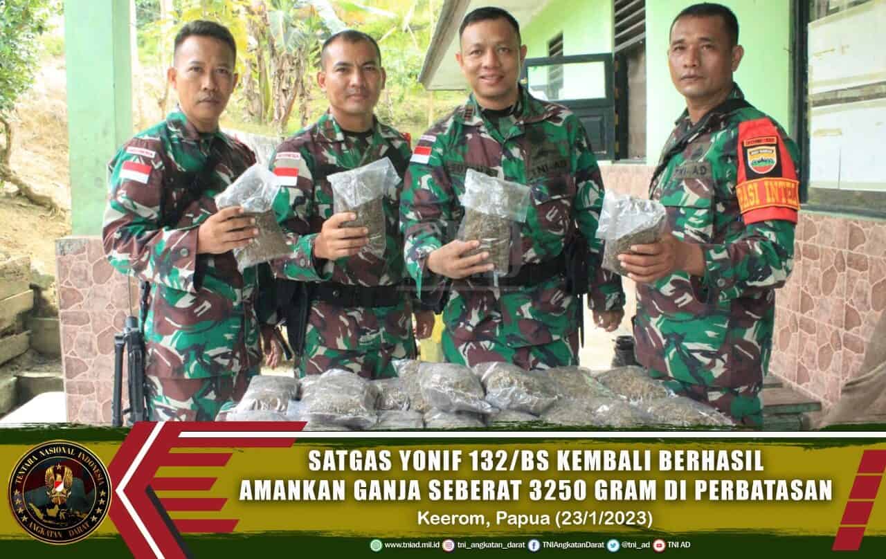 Satgas Yonif 132/BS Kembali Berhasil Amankan Ganja Seberat 3250 gram di Perbatasan