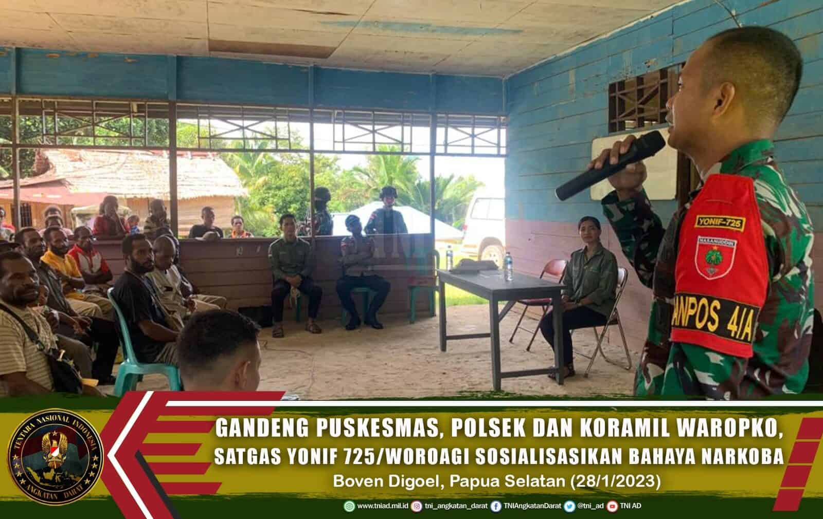 Gandeng Puskesmas, Polsek dan Koramil Waropko, Satgas Yonif 725/Woroagi Sosialisasikan Bahaya Narkoba