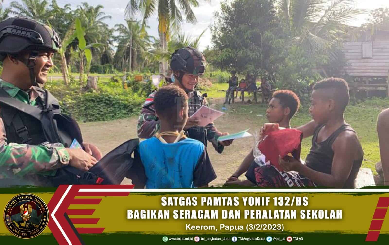 Satgas Pamtas Yonif 132/BS Bagikan Seragam dan Peralatan Sekolah di Keerom Papua⁣⁣
