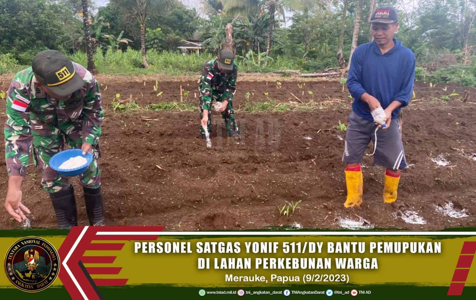 Prajurit Satgas Yonif 511/DY Bantu Pemupukan di Lahan Perkebunanan Warga