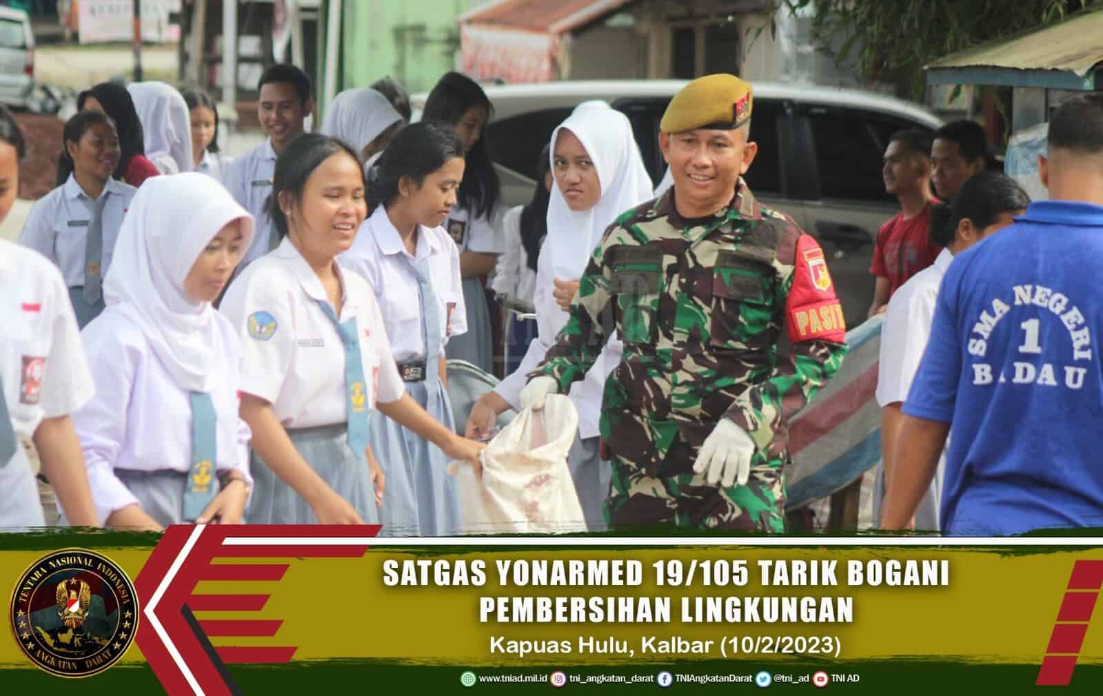 Jaga kebersihan dan Kesehatan, Satgas Yonarmed 19/105 Trk Bogani Ajak Siswa Sekolah dan Masyarakat Pembersihan Lingkungan