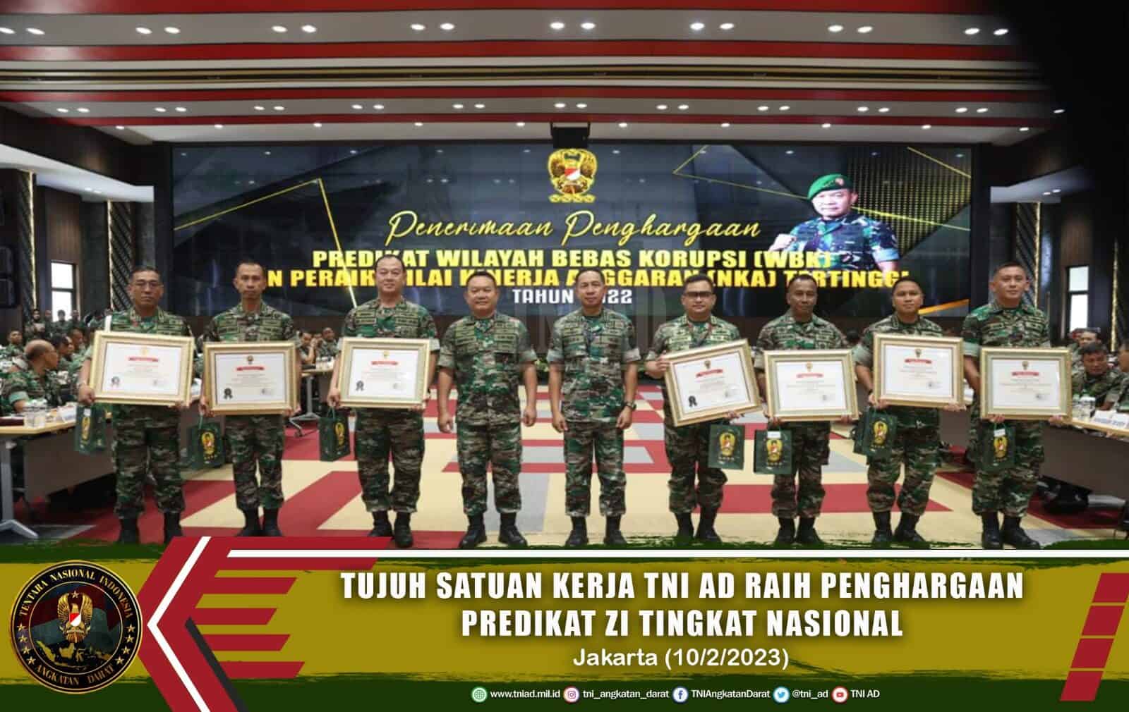 Tujuh Satuan Kerja TNI AD Raih Penghargaan Predikat ZI Tingkat Nasional