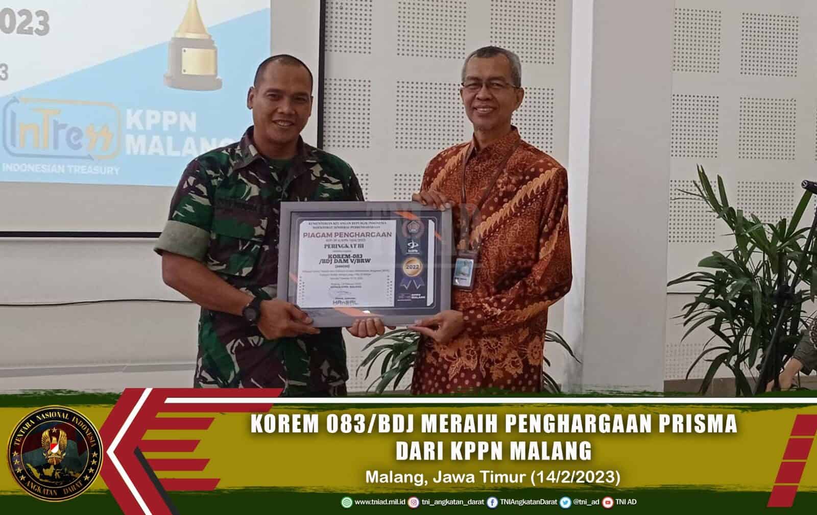 Korem 083/Bdj Meraih Penghargaan Prisma dari KPPN Malang
