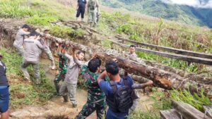 Maju Bersama Wujudkan Asa, Satgas Yonif 143/TWEJ Bersama Masyarakat Membangun Jembatan Di Kiwirok