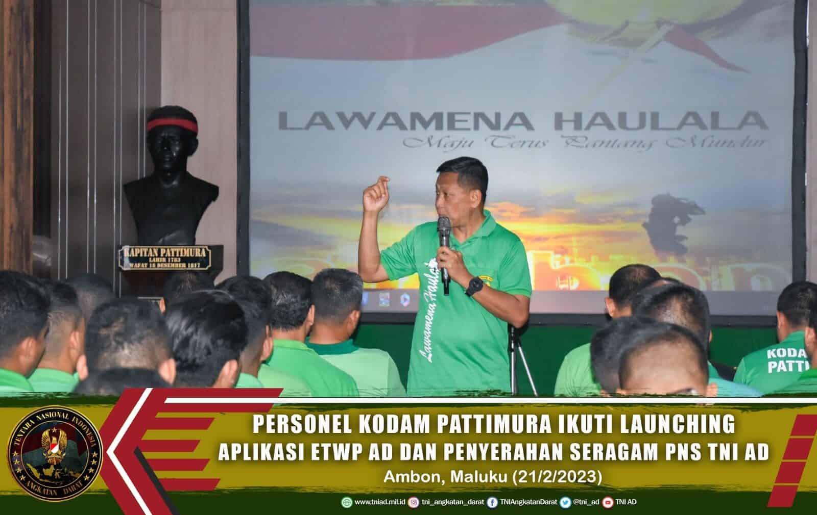 Personel Kodam Pattimura Ikuti Launching Aplikasi ETWP AD dan Penyerahan Seragam PNS TNI AD