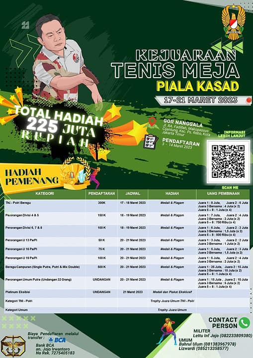 Kejuaraan Tenis Meja Memperebutkan Piala Kasad Tanggal 17-21 Maret 2023