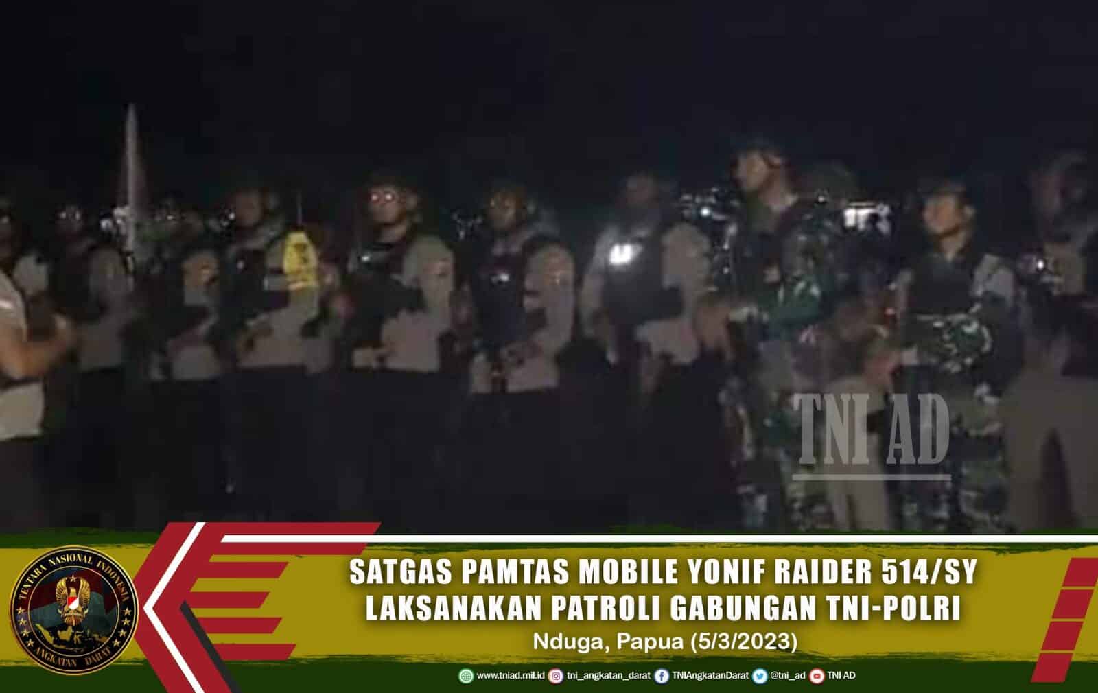 Ciptakan Rasa Aman, Satgas Pamtas Mobile Yonif Raider 514/SY Laksanakan Patroli Gabungan TNI-POLRI