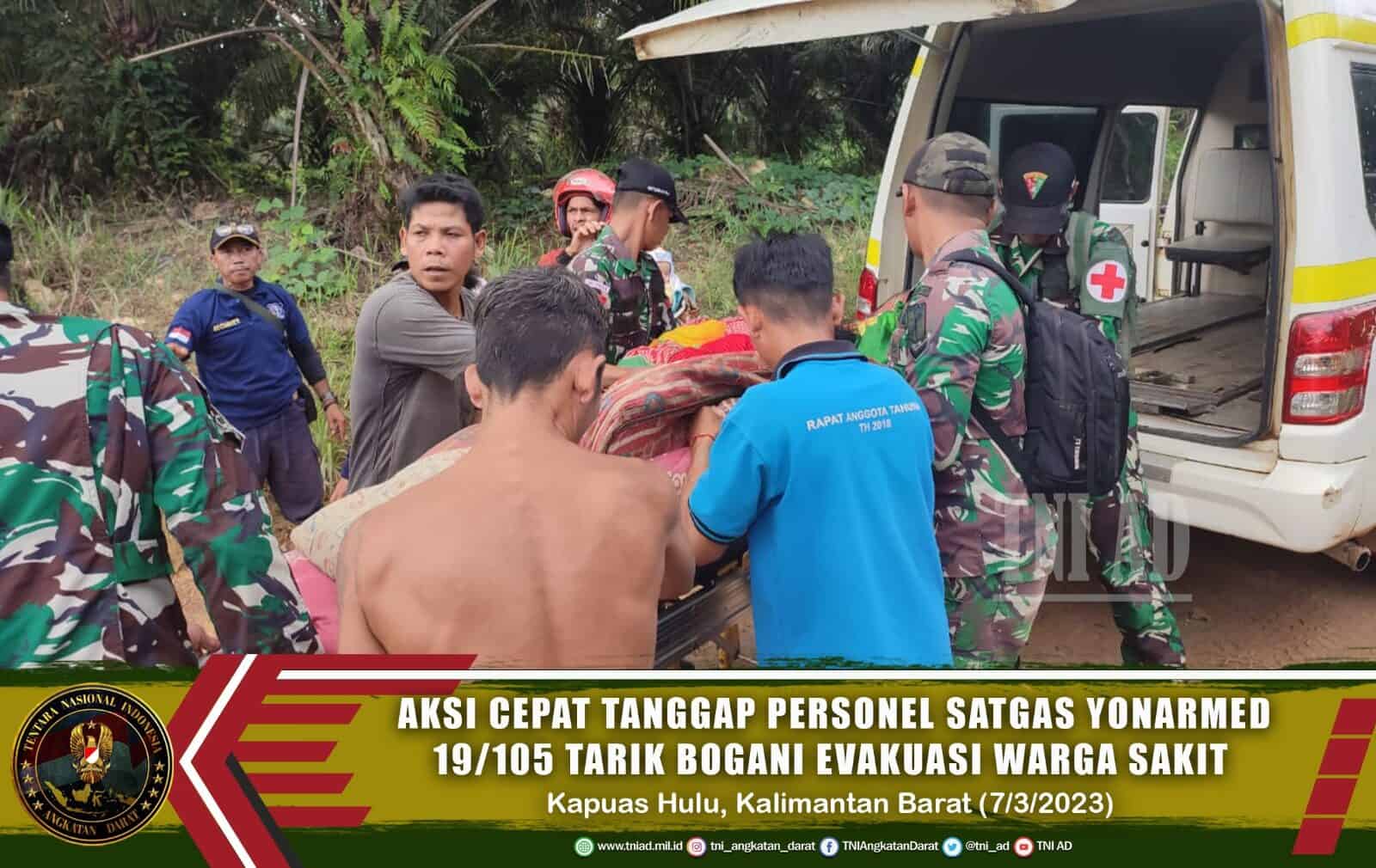 Aksi Cepat Tanggap Personel Satgas Pamtas Yonarmed 19/105 Trk Bogani Evakuasi Warga Sakit Menuju Puskesmas Terdekat