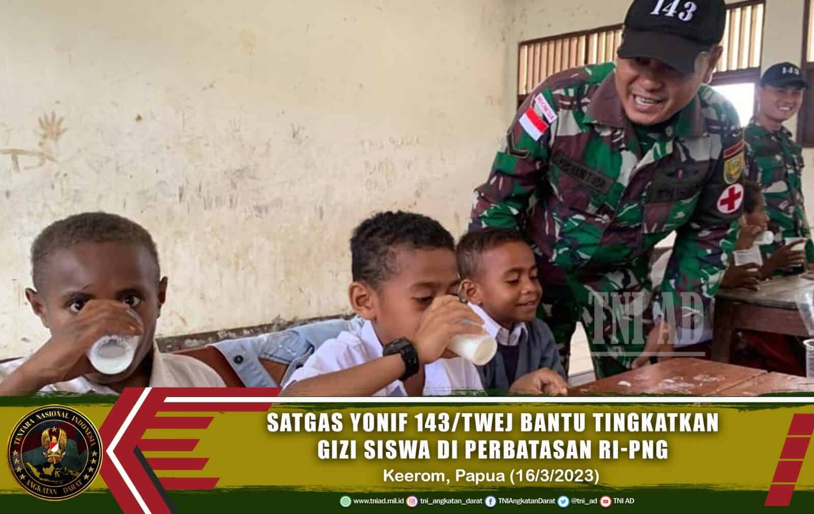 Peduli Perkembangan Generasi Penerus, Satgas Yonif 143/TWEJ Bantu Tingkatkan Gizi Siswa Di Perbatasan RI-PNG