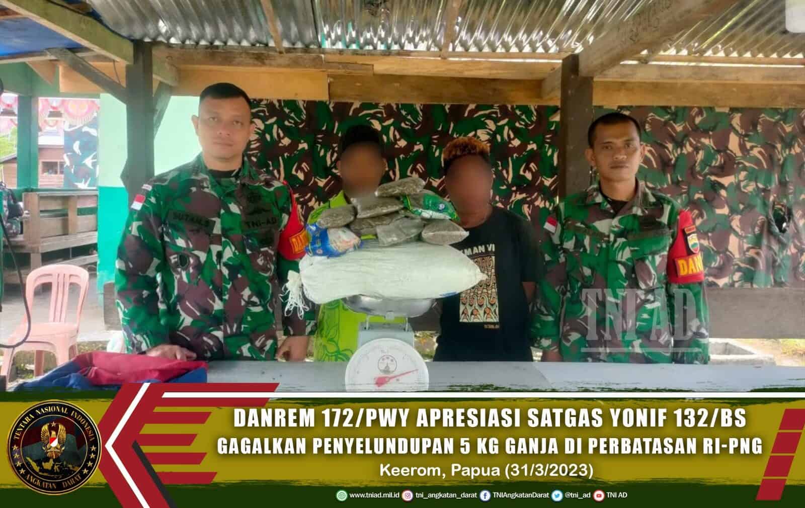 Danrem 172/PWY Apresiasi Satgas Yonif 132/BS Gagalkan Upaya Penyelundupan 2 Kg Ganja Di Wilayah Perbatasan RI-PNG