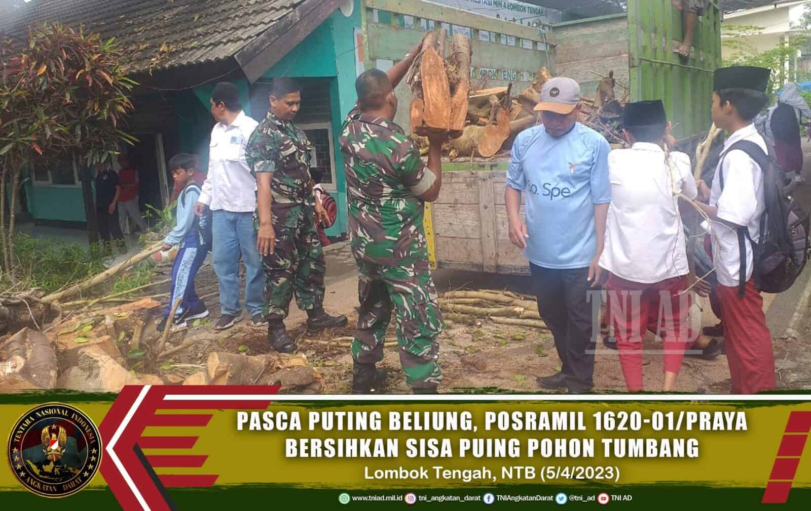 Pasca Puting Beliung, Posramil 1620-01/Praya Bersihkan Sisa Puing Pohon Tumbang