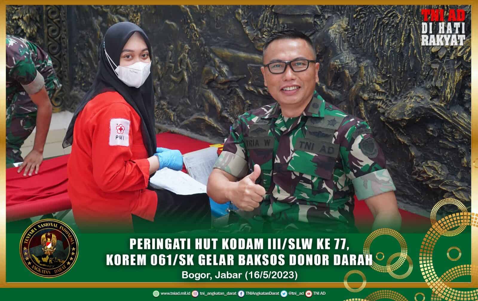 Peringati HUT Kodam III/Slw ke 77, Korem 061/Sk Gelar Baksos Donor Darah