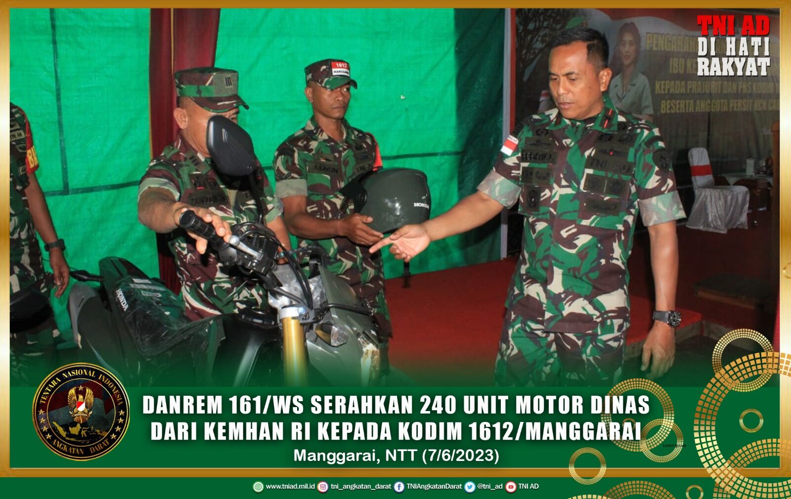 Danrem 161/WS Serahkan 240 Unit Motor Dinas dari Kemhan RI kepada Kodim 1612/Manggarai