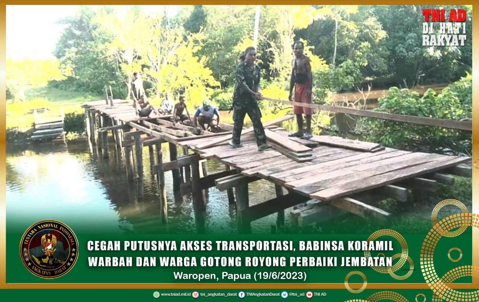 Cegah Putusnya Akses Transportasi, Babinsa Koramil Warbah dan Warga Gotong Royong Perbaiki Jembatan