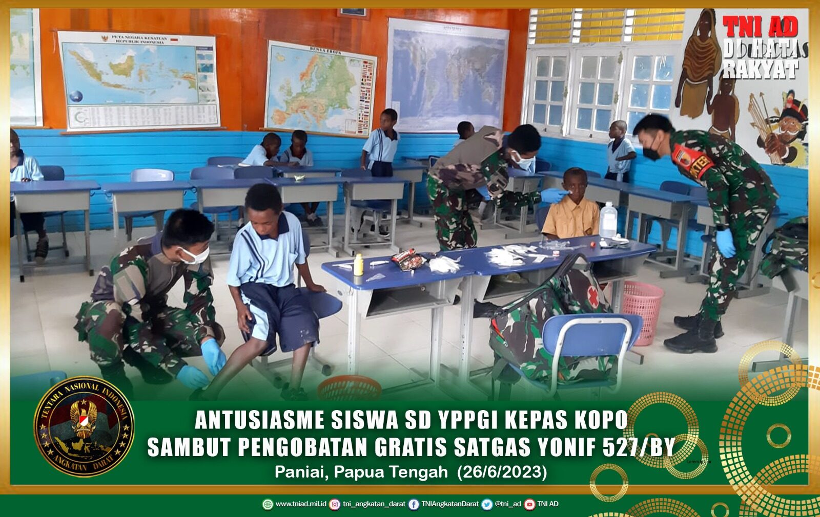 Antusiasme Siswa SD YPPGI Kepas Kopo Sambut Pengobatan Gratis Satgas Yonif 527/BY