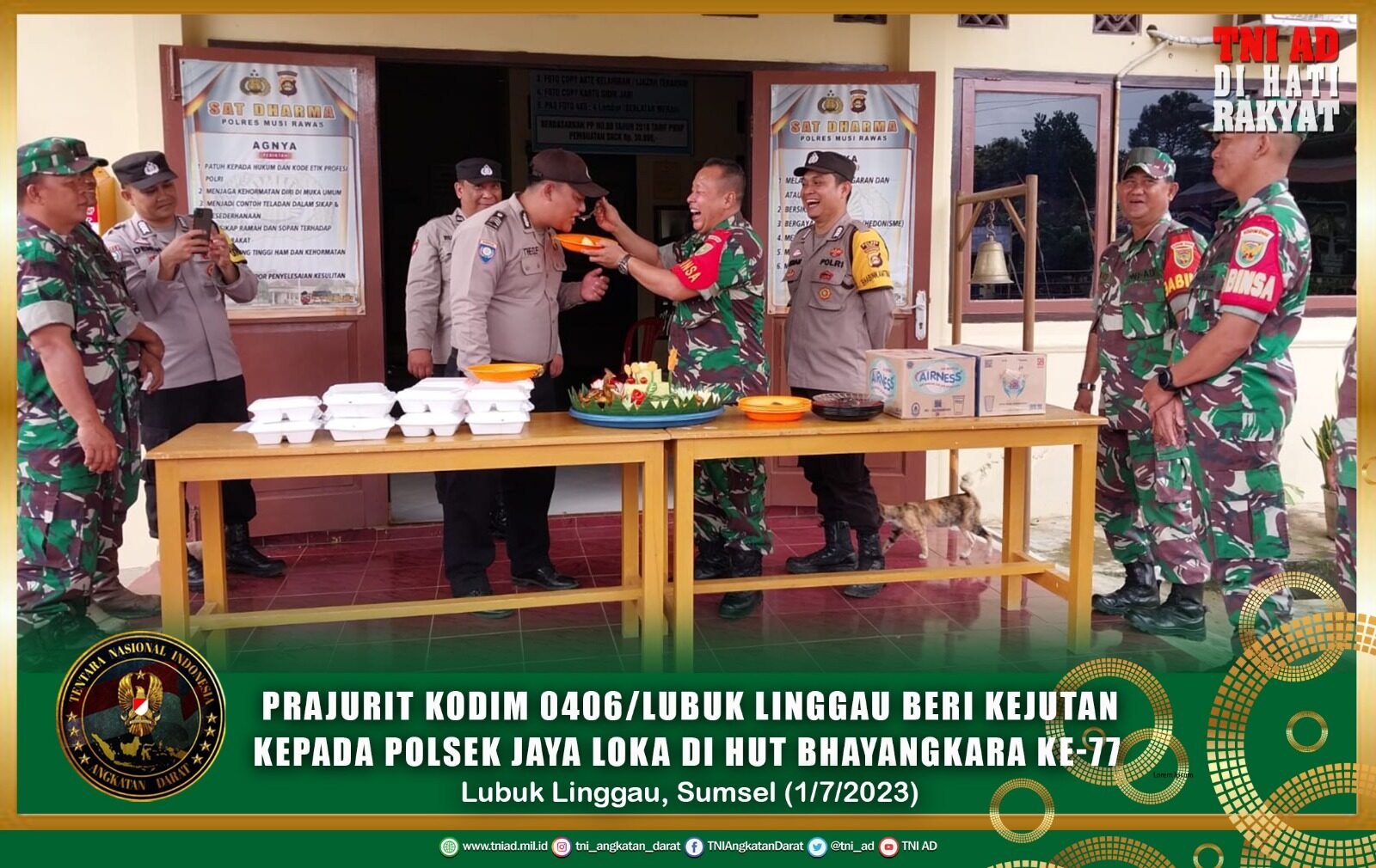 Prajurit Kodim 0406/Lubuk Linggau Beri Kejutan Kepada Polsek Jaya Loka di HUT Bhayangkara Ke-77