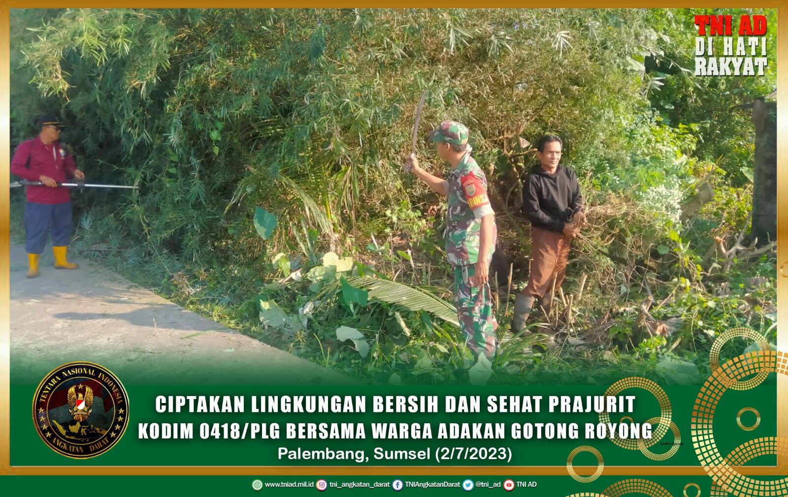 Ciptakan Lingkungan Bersih dan Sehat Prajurit Kodim 0418/PLG Bersama Warga Adakan Gotong Royong