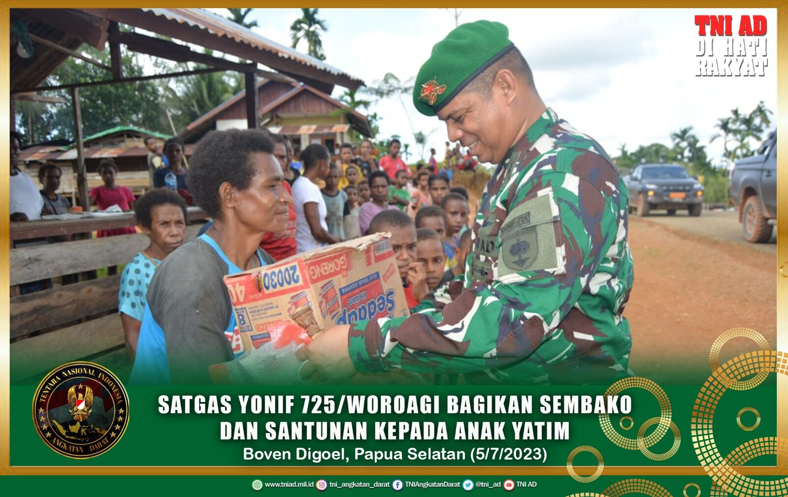 Cinta Kasih TNI Di Perbatasan RI-PNG, Satgas Yonif 725/Woroagi Bagikan Sembako dan Santunan Kepada Anak Yatim