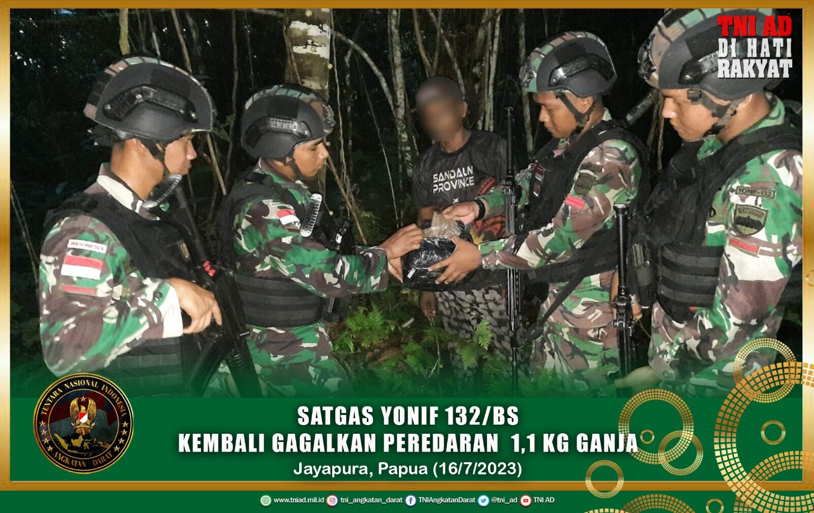 Satgas Yonif 132/BS Kembali Gagalkan Peredaran 1,1 Kg Ganja