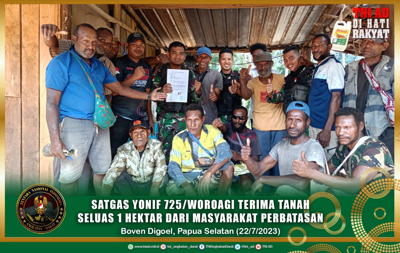 Satgas Yonif 725/Woroagi Terima Tanah Seluas 1 Hektar Dari Masyarakat Perbatasan