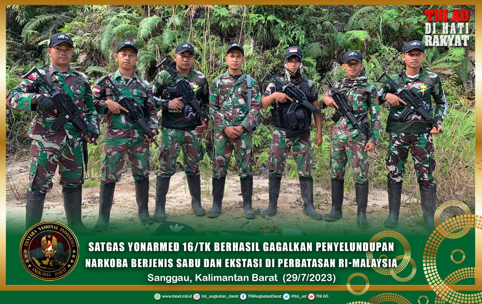 Satgas Yonarmed 16/TK Berhasil Gagalkan Penyelundupan Narkoba Berjenis Sabu dan Ekstasi di Perbatasan RI-Malaysia