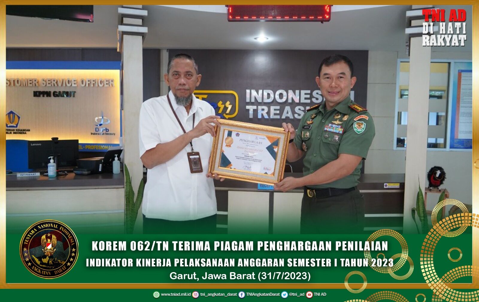 Korem 062/Tn Terima Piagam Penghargaan Penilaian Indikator Kinerja Pelaksanaan Anggaran Semester I Tahun 2023