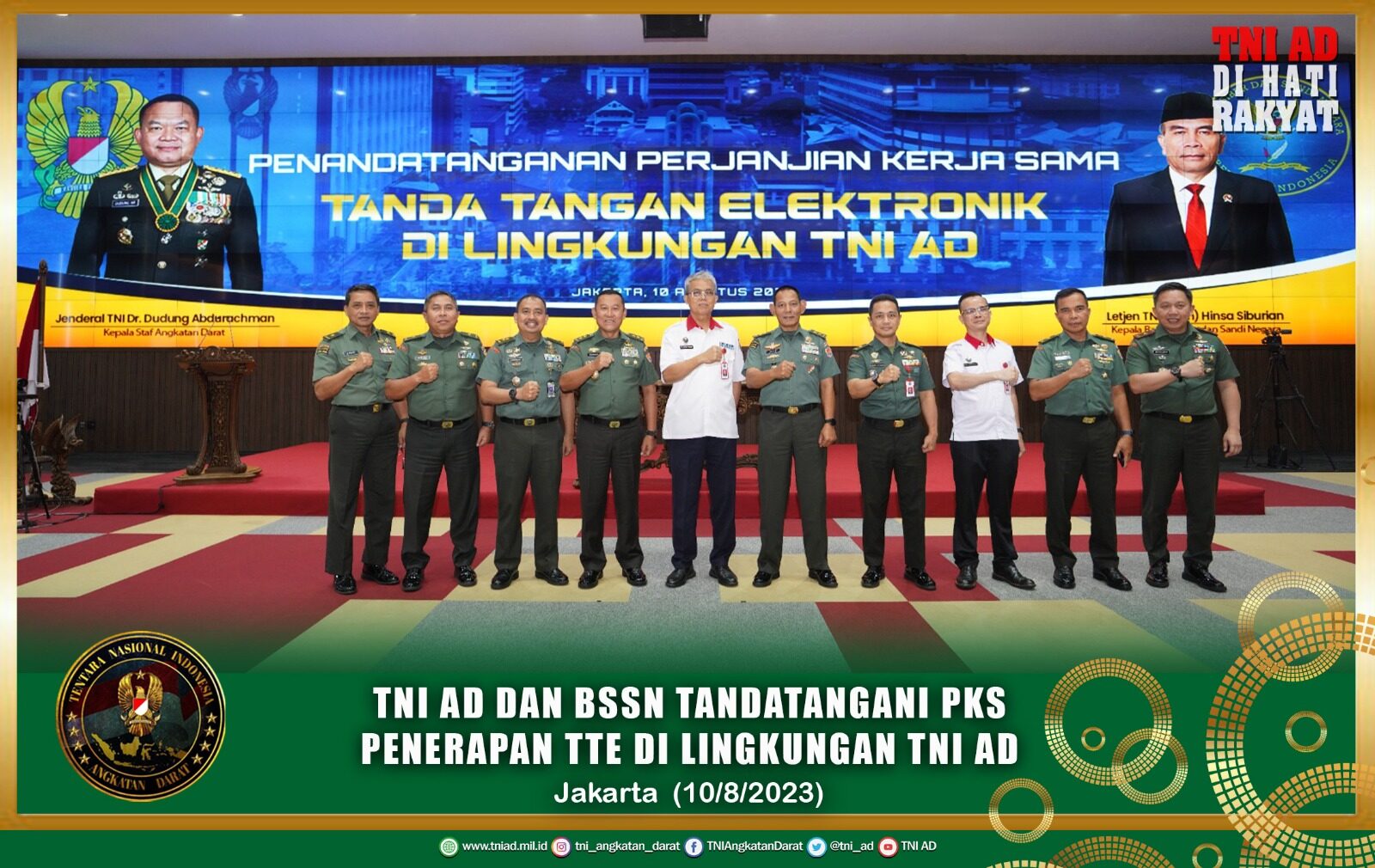 TNI AD dan BSSN Tandatangani PKS Penerapan TTE di Lingkungan TNI AD