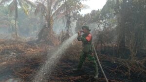 Personel Kodim 0303/Bengkalis Berjibaku Padamkan Kebakaran di Rangsang Pesisir