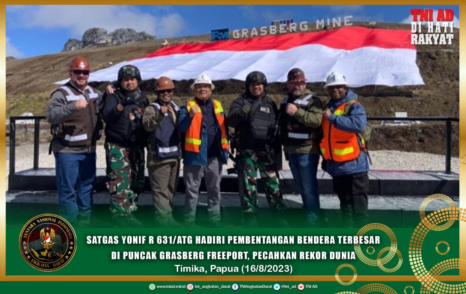 Satgas Yonif R 631/Atg Hadiri Pembentangan Bendera Terbesar Di Puncak Grasberg Freeport, Pecahkan Rekor Dunia