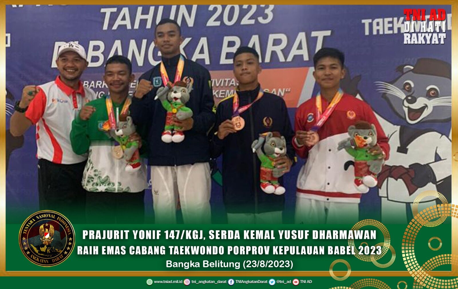 Prajurit Yonif 147/KGJ, Serda Kemal Yusuf Dharmawan Raih Emas Cabang Taekwondo Porprov Kepulauan Babel 2023