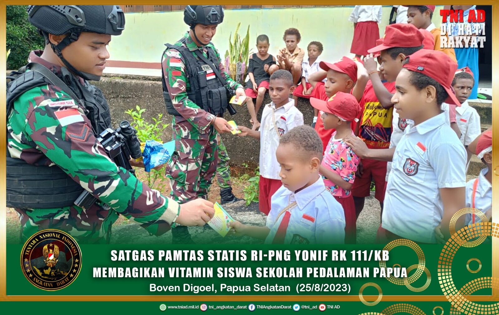 Satgas Pamtas Statis RI-PNG Yonif RK 111/KB Membagikan Vitamin Siswa Sekolah Pedalaman Papua