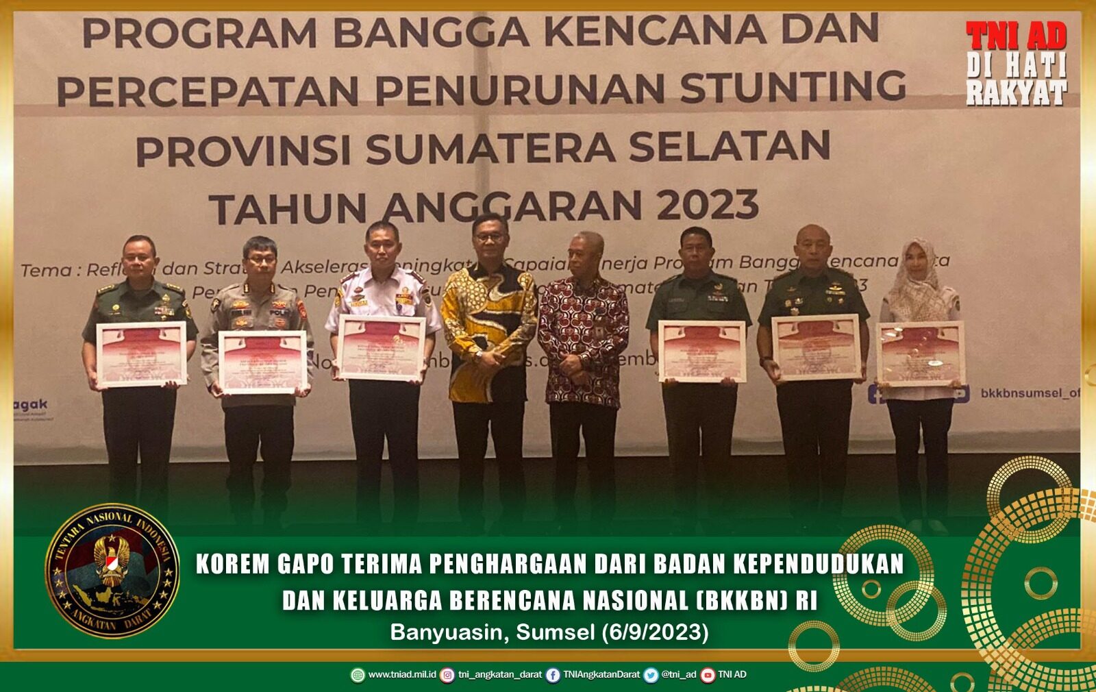 Korem Gapo Terima Penghargaan Dari Badan Kependudukan dan Keluarga Berencana Nasional (BKKBN) RI